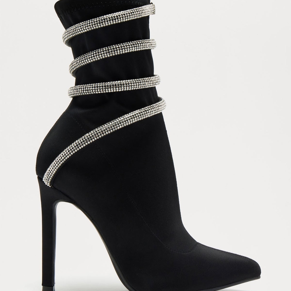 Fashion Nova Black and Silver Heeled Boots with Rhinestone Stripes